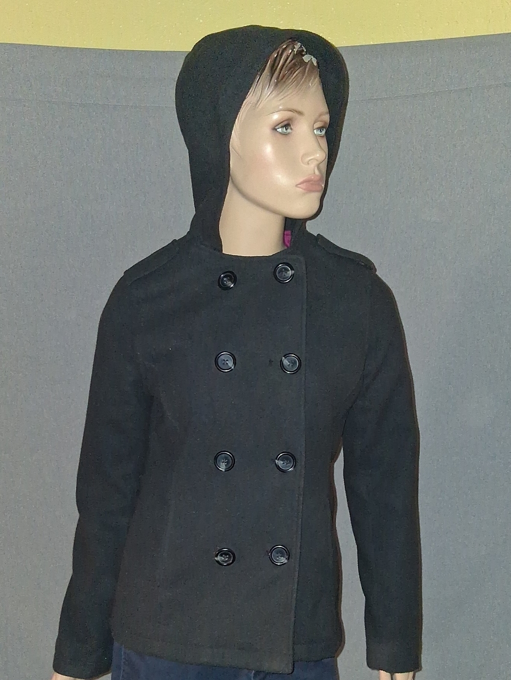 SO Black Hooded Double-Breasted Pea Coat